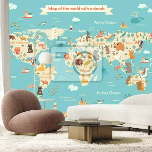Papier peint  Espèces animales sur une carte du monde dessinée
