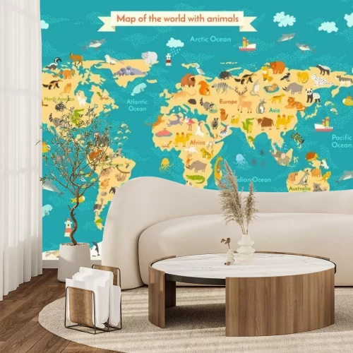 Papier peint  Carte du monde avec des animaux pour enfants