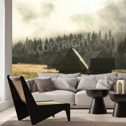 Papier peint  Chalets de montagne sur fond de forêt