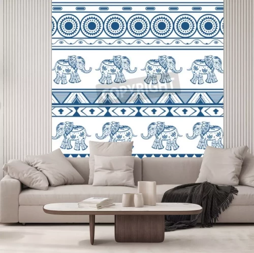 Papier peint  Eléphants éthniques bleus