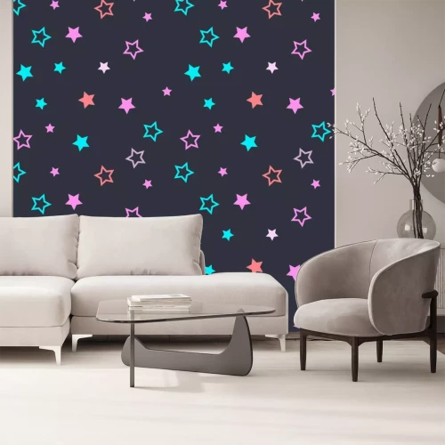 Sticker  Modèle sans soudure avec des étoiles remplies et vides sur fond gris foncé. Illustration vectorielle.