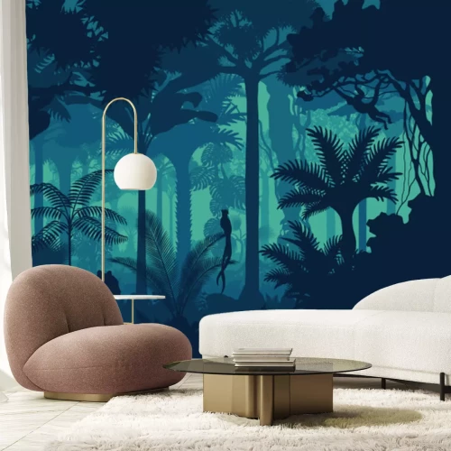 Sticker  Vecteur, nuit, tropical, forêt tropicale jungle, fond, jaguar, paresseux, singe, qetzal