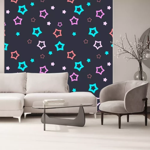 Sticker  Motif sans couture avec des étoiles remplies et vides sur fond gris foncé. Illustration vectorielle.