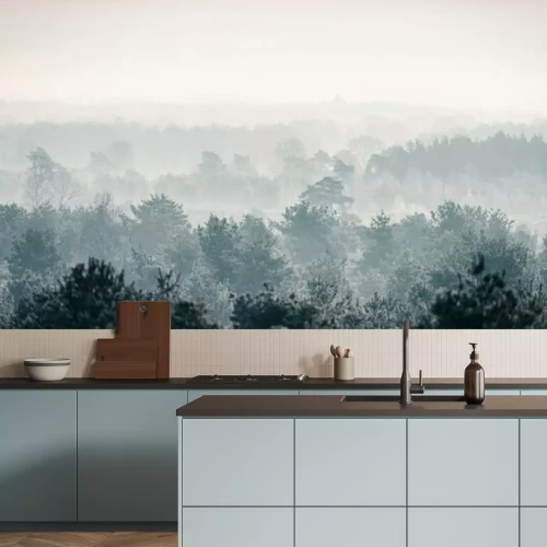 Papier peint  Forêt d'hiver de pin dans la brume.