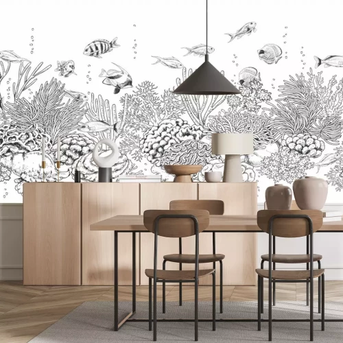 Papier peint  Poissons et récif corallien motif minimaliste noir et blanc