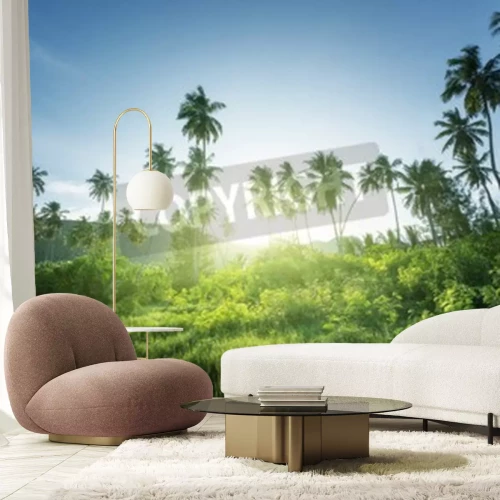 Papier peint  Palmiers de la jungle et coucher de soleil