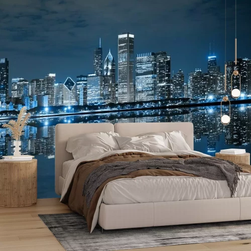 Papier peint  Les gratte-ciel de Chicago se reflétant dans l'eau la nuit
