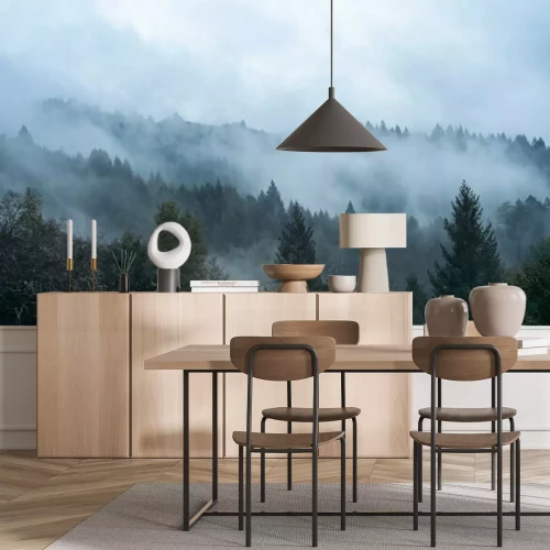 Papier peint  Brume parmi les arbres et les collines