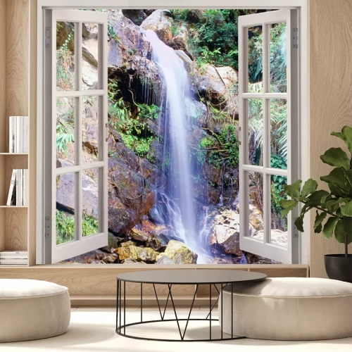 Papier peint  Vue d'une cascade à travers une fenêtre