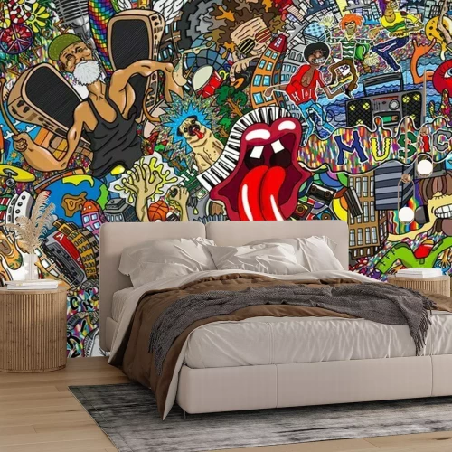 Papier peint  Collage graffiti coloré avec musique et motifs pop culture