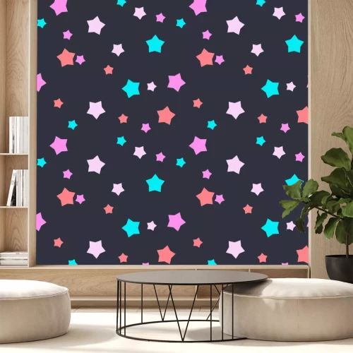 Sticker  Motif de vecteur sans couture avec des étoiles de menthe, rose et bleu sur fond gris foncé. Contexte pour habillement, fabrication, fonds d'écran, estampes, emballage cadeau et scrapbook.