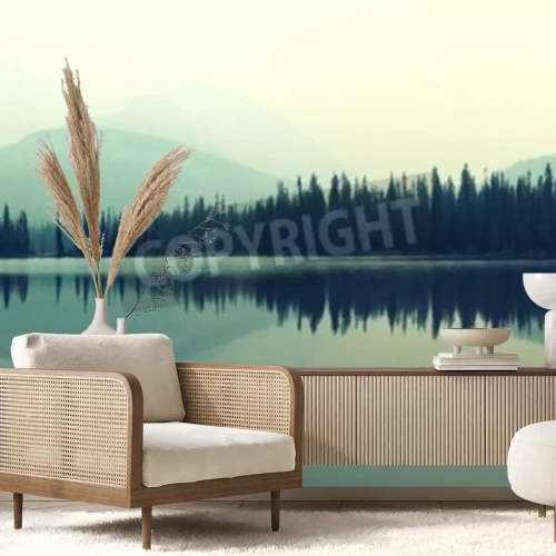 Papier peint  Forêt pittoresque au bord d'un lac