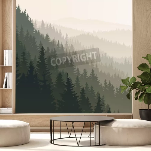 Papier peint  Forêt graphique dans la brume du matin