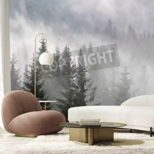 Papier peint  Arbres de Noël sur fond de forêt brumeuse