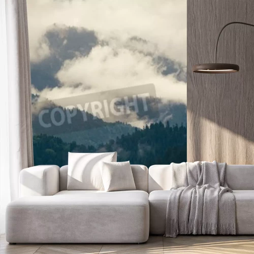 Papier peint  Nuages au-dessus d'une forêt de montagne