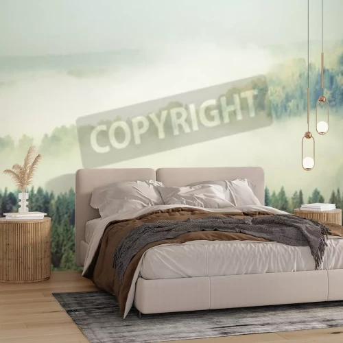 Papier peint  Arbres verts sur un fond brumeux