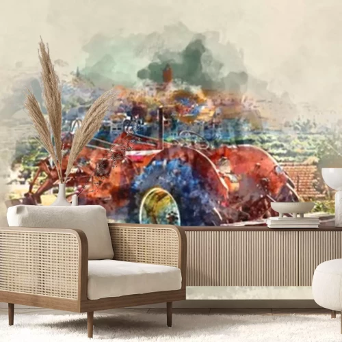 Papier peint  Peinture à l'aquarelle numérique d'un ancien tracteur contre le fond du village. Le village de Polop de la Marina en Espagne