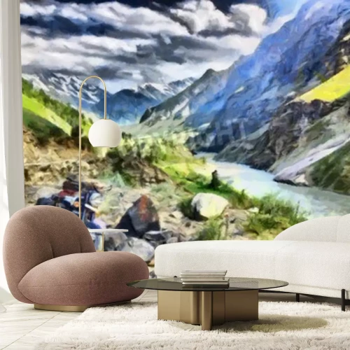 Papier peint  Aventure moto à la peinture à l'huile de la montagne Himalaya