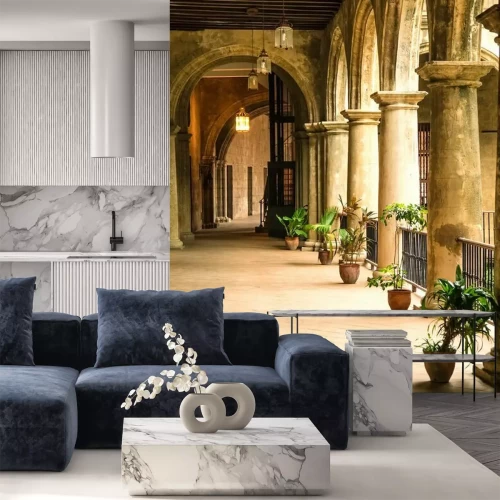 Papier peint  Terrasse ancienne avec des pots de fleurs