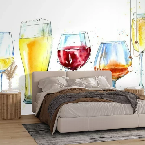 Sticker  Verre de champagne, cognac, vin, bière. Photo d'une boisson alcoolisée. Illustration dessinée à la main à la main.