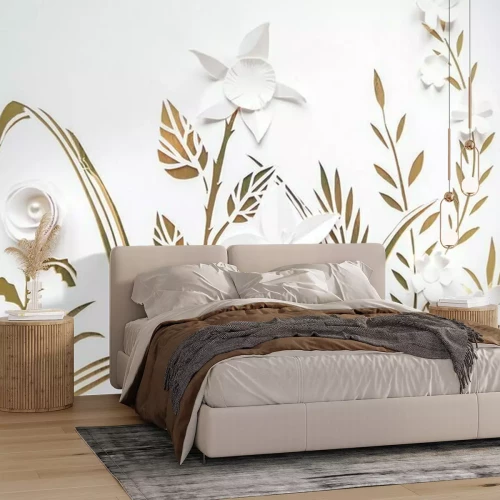 Papier peint  Prairie florissante d'été. Des fleurs blanches étirées en papier sur un fond blanc et doré.