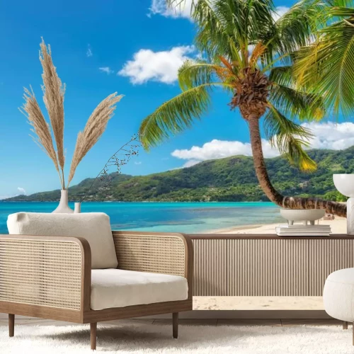 Papier peint  Paysage tropical palmiers sur la plage aux Seychelles