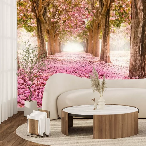 Papier peint  Chemin rose bordé d'arbres