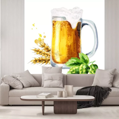 Sticker  Tasse de bière légère, houblon et malt. Aquarelle