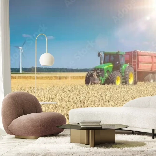 Papier peint  Tracteur sur le terrain avec le soleil