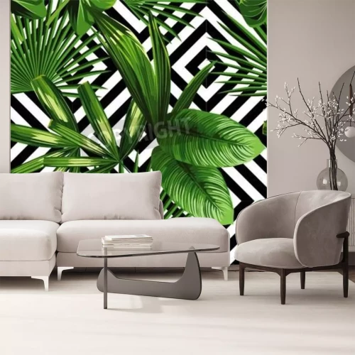 Papier peint  Motif naturel sur fond géométrique