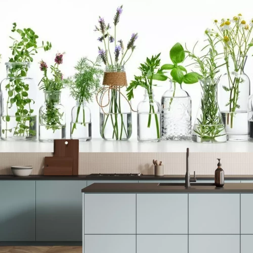 Papier peint  Bouteille d'huile essentielle avec des herbes