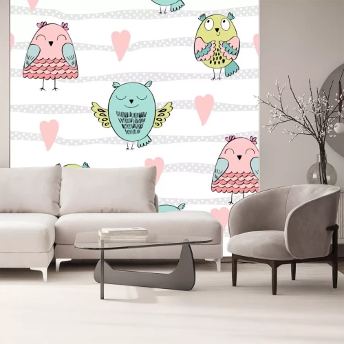 Sticker  Hiboux colorés parmi les coeurs illustration joyeuse