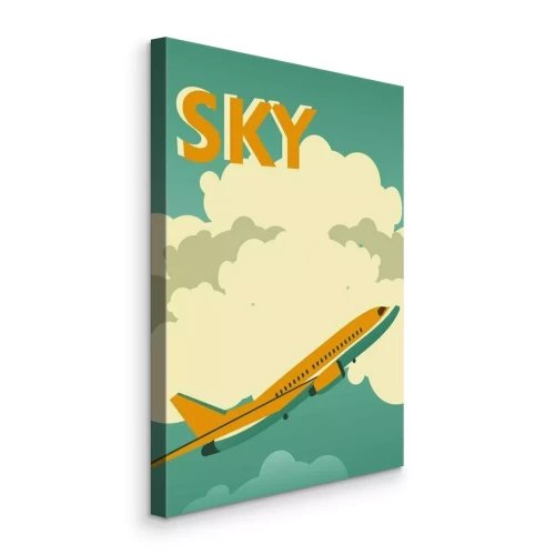 Tableau  Un avion se détachant sur les nuages et le mot « Ciel » dans un style de dessin vintage