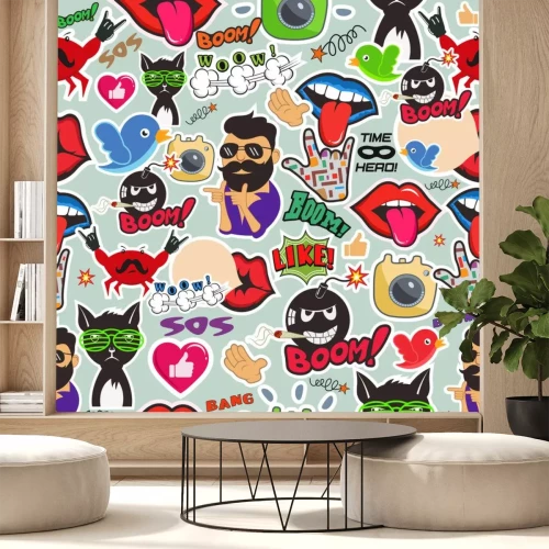 Sticker  Texture graffiti transparente avec les signes des médias sociaux et d'autres icônes brillantes. Vecteur