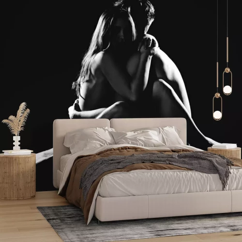 Papier peint  Photo noir et blanc d'un couple nu enlacé