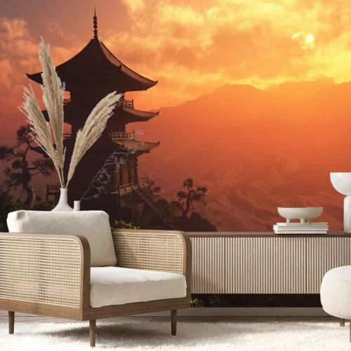 Papier peint  Pagode sur fond de coucher de soleil