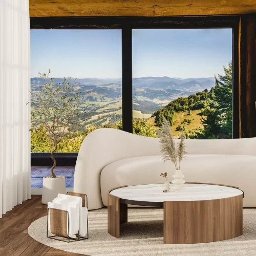 Papier peint  Champ d'été et montagnes vues à travers la fenêtre