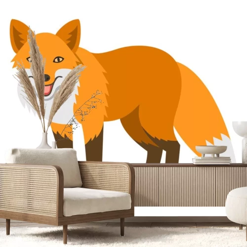 Sticker  Cute smiling illustration de dessins animés de renard rouge. Icône animal zoo sauvage. Shaggy prédateur adulte debout. Isolé sur blanc. Faune forestière caractère enfantin. Élément de conception simpl