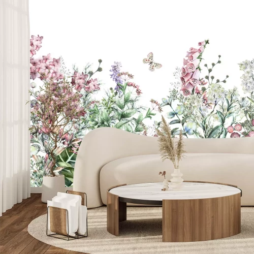 Papier peint  Jante sans couture. Bordure aux herbes et fleurs sauvages, feuilles. Illustration botanique Illustration colorée sur fond blanc. Composition printanière avec papillon