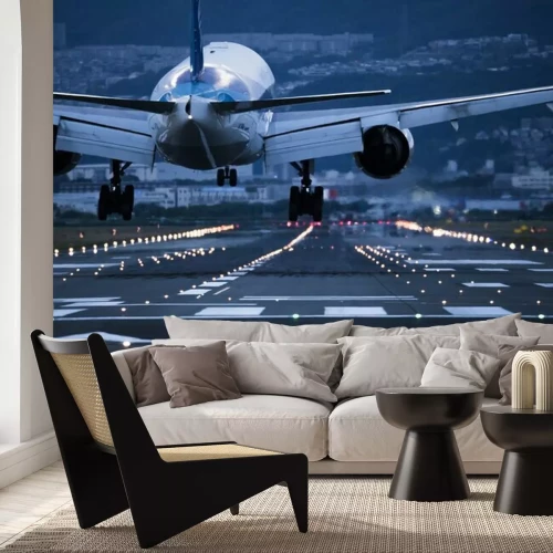 Papier peint  Le soir, l'avion est sur le point d'atterrir sur la piste