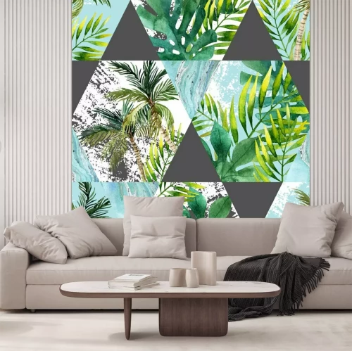 Sticker  Aquarelle feuilles tropicales et palmiers en forme géométrique motif transparent