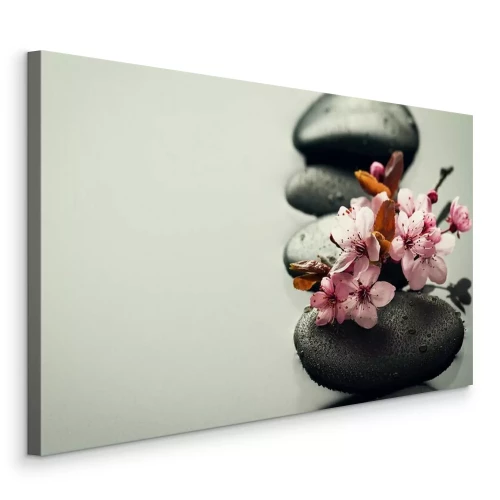 Tableau  Fleurs roses sur pierres noires