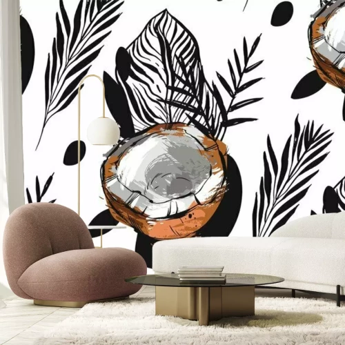 Sticker  Résumé dessiné à la main modèle inhabituel sans soudure avec des fruits tropicaux exotiques feuilles de palmier de fourmi de noix de coco isolées sur fond blanc.