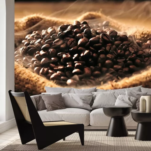 Papier peint  Grains de café dans un sac en toile de jute