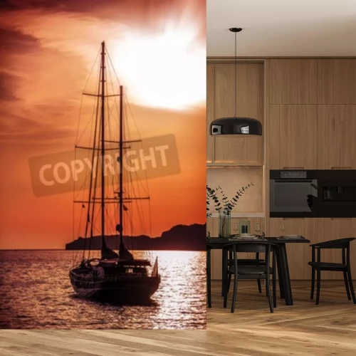 Papier peint  Ancien navire naviguant vers le coucher du soleil. Vue spectaculaire sur la mer