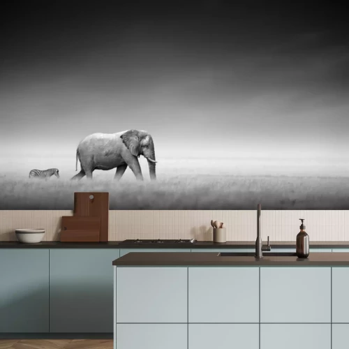 Papier peint  Un éléphant et un zèbre marchant dans les hautes herbes