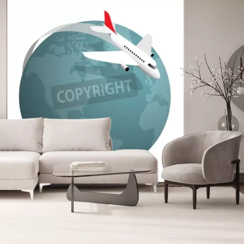 Sticker  Avion volant autour du globe, illustration vectorielle sur blanc