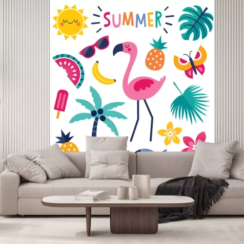 Sticker  Ensemble d'éléments colorés d'été avec flamant rose isolé