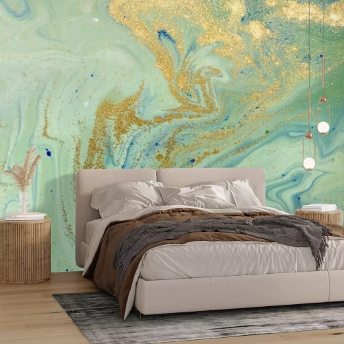 Papier peint  Marbre vert avec des particules jaunes