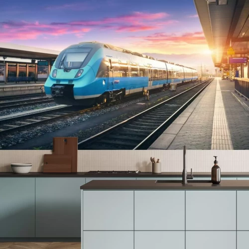 Papier peint  Train à la gare dans les rayons du soleil couchant
